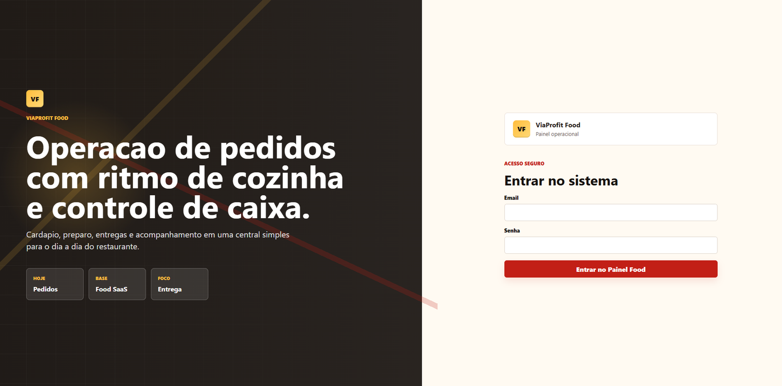 Tela de acesso do painel ViaProfit Food